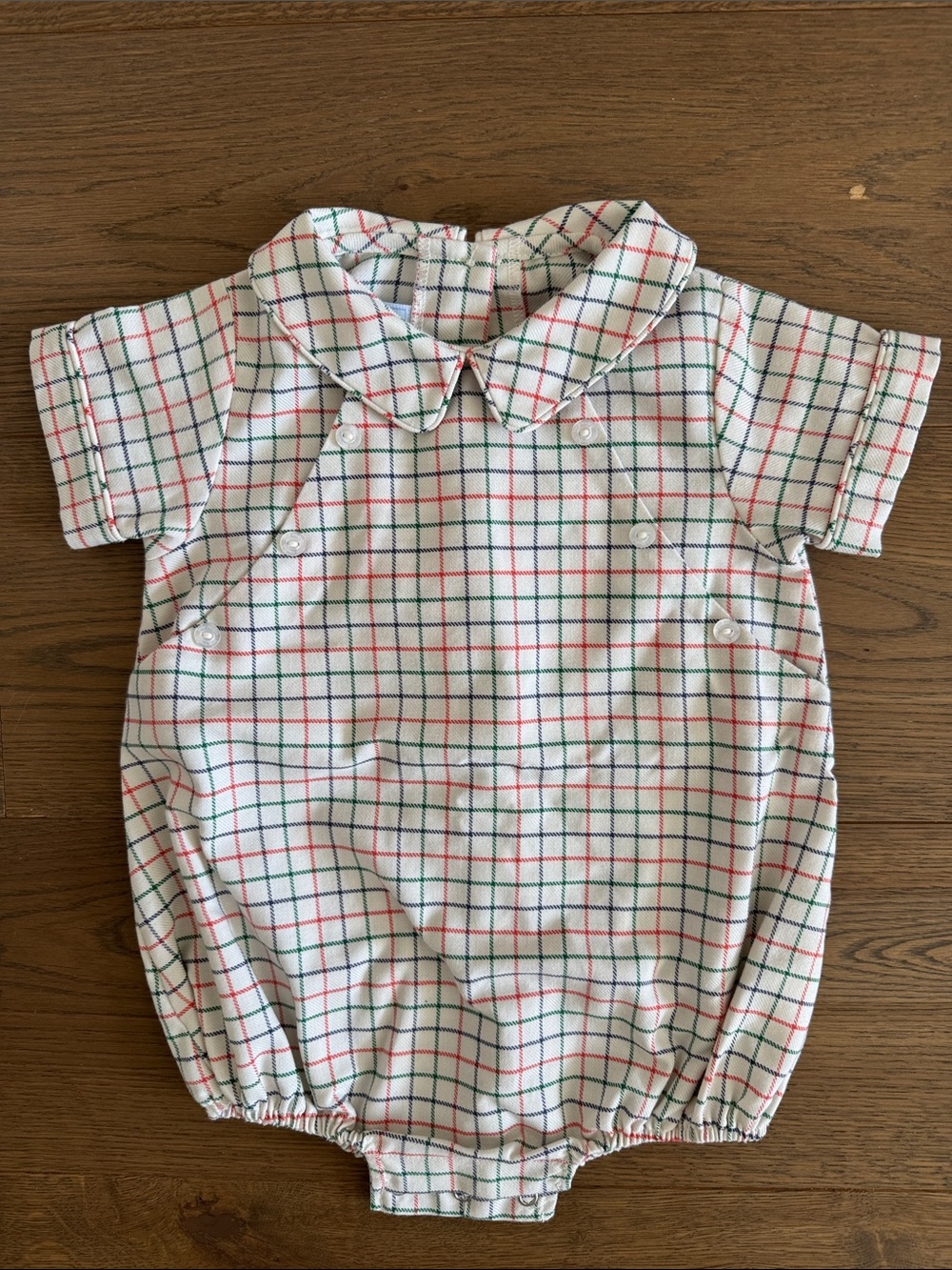 Little English White One-Piece with Red and Green Plaid